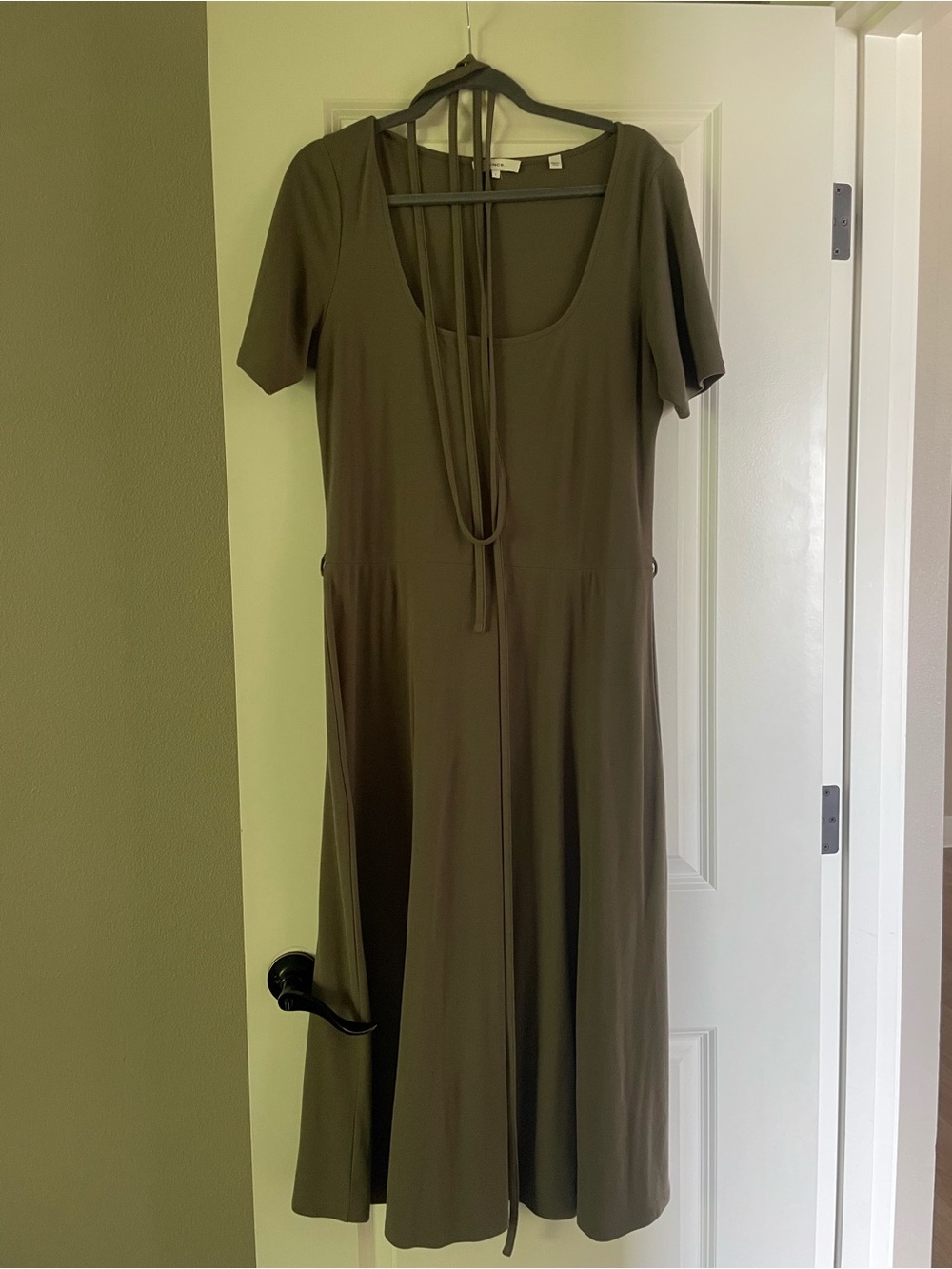 Vince Olive Scoop-Neck Midi Dress with Tie